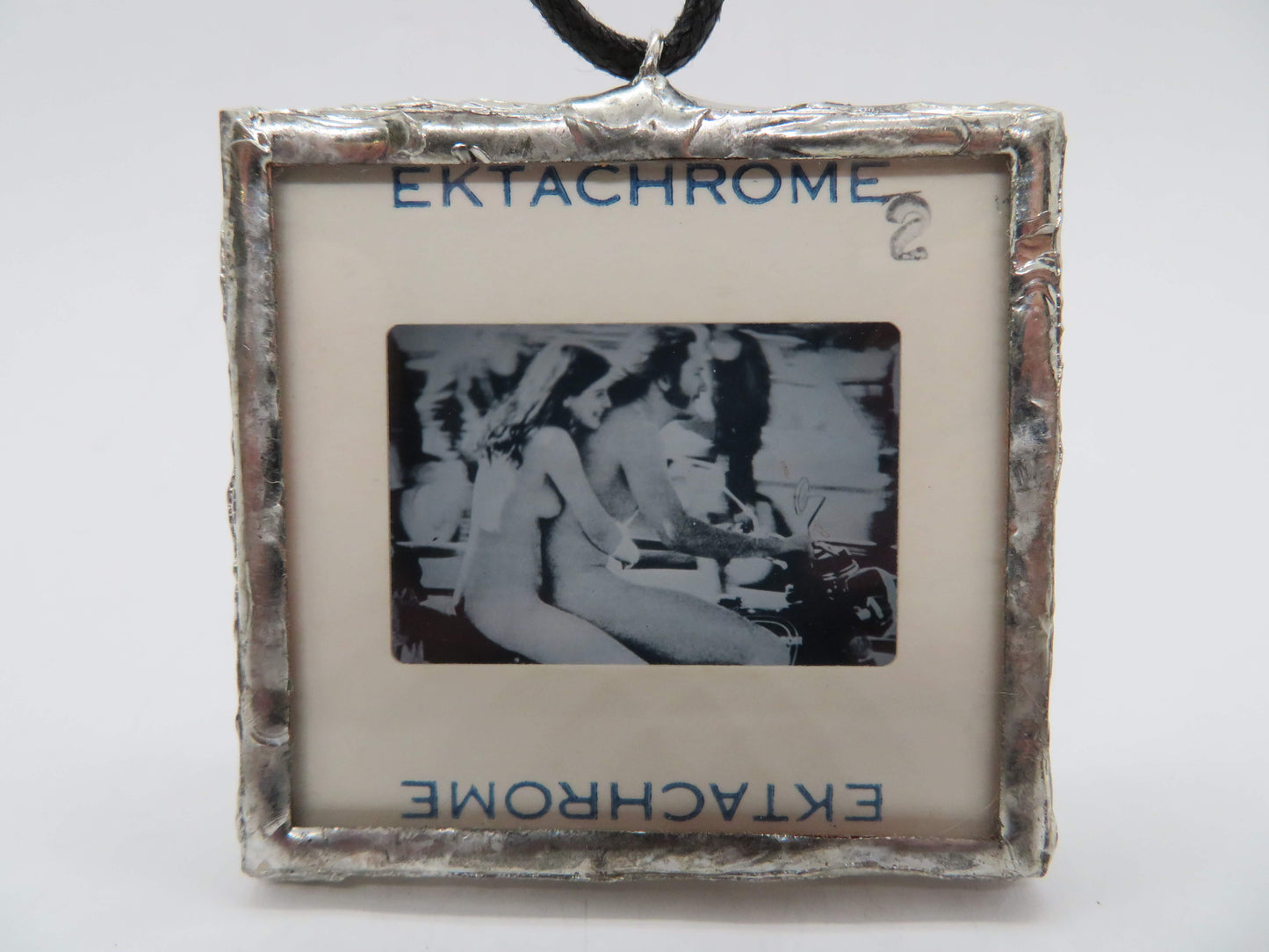Slide Pendant of Nudist Couple on Motorcycle